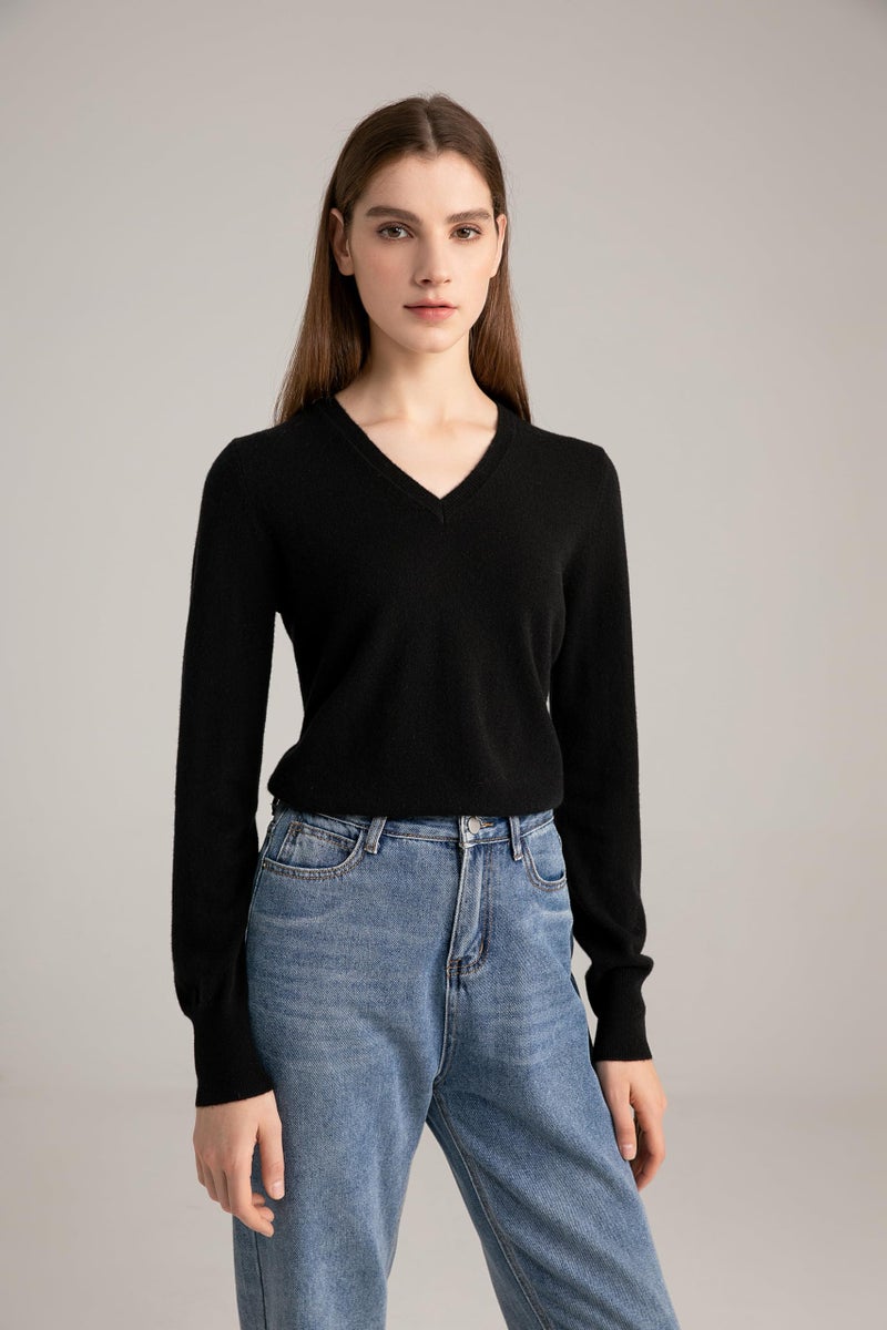 State Cashmere Womenâ€™s Essential V-Neck Sweater 100% Pure Cashmere Classic Long Sleeve Pullover (Black, Large) - Image 4